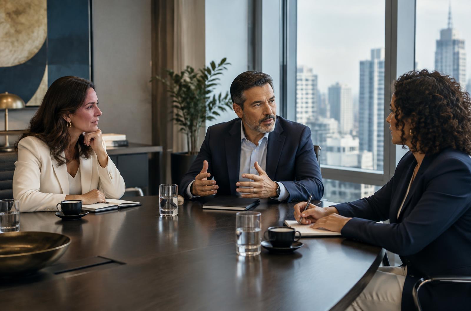 Lideranças em uma conversa estratégica de trabalho